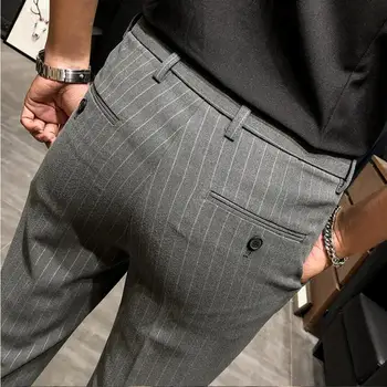 2019 нов стил мъжка мода есен ивица бизнес панталони / мъжки високо качество на чист памук свободно време за костюм панталони размер 28-36