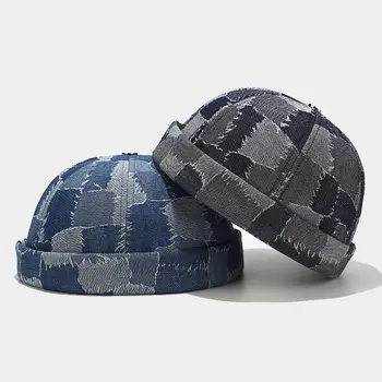 Реколта Докер Cap Denim Color Matching Brimless Hat Дишаща Шапка Hats Cortex Регулируема Наемодателят Моряк Cap Мъже, Жени Шапка
