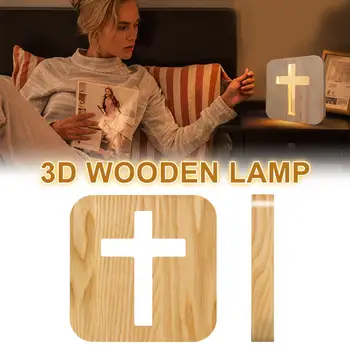 Кръст дървена лампа нощна светлина 3D илюзия лампи led настолни лампи USB захранване за деца, възрастни Спалня Хол лека нощ светлина