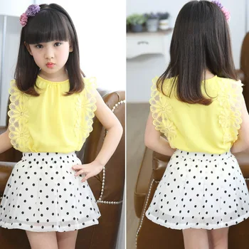 2019 лято корейски шифоновые комплекти дрехи за малките момичета цвете с къс ръкав T-violeta+Dot поли 2 бр. детски екипи, комплекти, дрехи за момичета