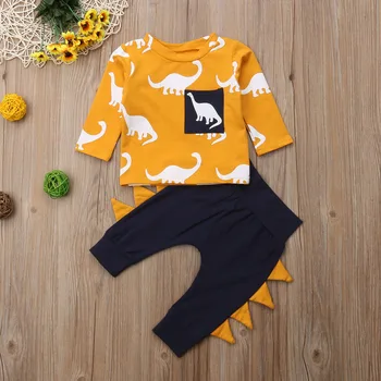 2018 Brand New Toddler Baby Boy Girl есенни комплекти дрехи динозавър печат с дълъг ръкав пуловер hoody върховете+ 3D триъгълник панталони