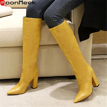 MoonMeek 2020 голям размер 34-48 дамски ботуши дамски обувки секси екстремно високи токчета остър чорап ботуши до коляното в черен жълт бял