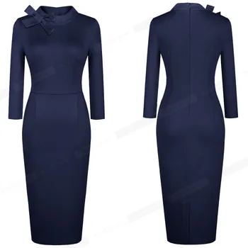 Ница-Forever Solid Color Retro Round neck with Bow елегантен офис рокли Business Formal Bodycon Sheath Slim Women Dress B602