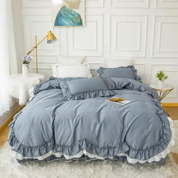 Двуслойни набори в синьо-бял комплект постелки за момичета 4/6шт памук, мека премия светкавица чаршаф легло пола калъфки за възглавници