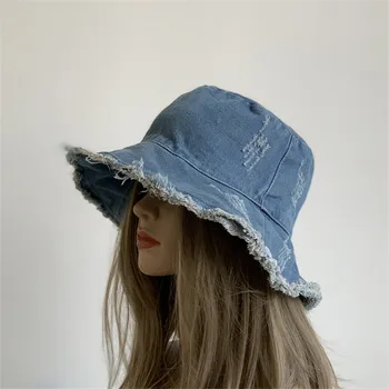 сгъваема промытая деним кофа шапка дамски син Жан козирка от слънцето шапка с изношенными полета рибарска шапка мъжка ковбойская шапка лятото Боб шапки