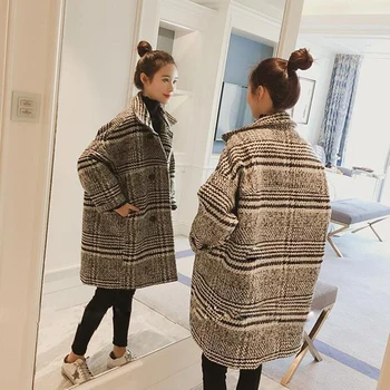 Вълна палто дамско зимно класическо клетчатое сака със средна дължина женски джобове ефектен свободни 2XL Harajuku корейски стил универсална елегантност